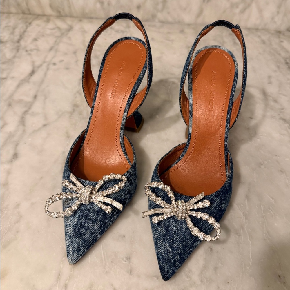 Amina Muaddi Rosie Blue Denim Heels with Crystal Bow size 37